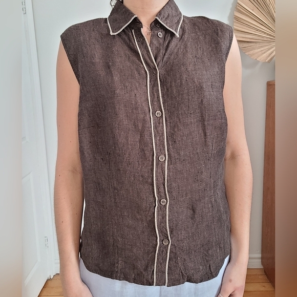 Vintage Tops - SEIDEN STICKER VINTAGE BROWN 100% LINEN SLEEVELESS SHIRT